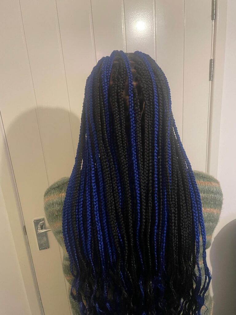 Long box braids with blue highlights by Lorellin Hair & Beauty in Wolverhampton