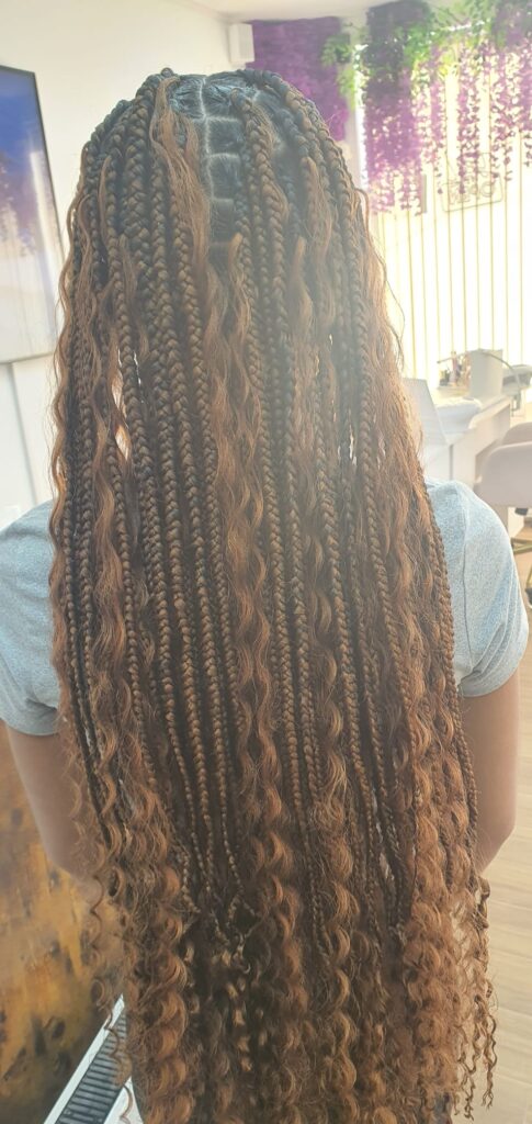 Boho knotless braids with curls created at Lorellin Hair & Beauty Salon in Wolverhampton