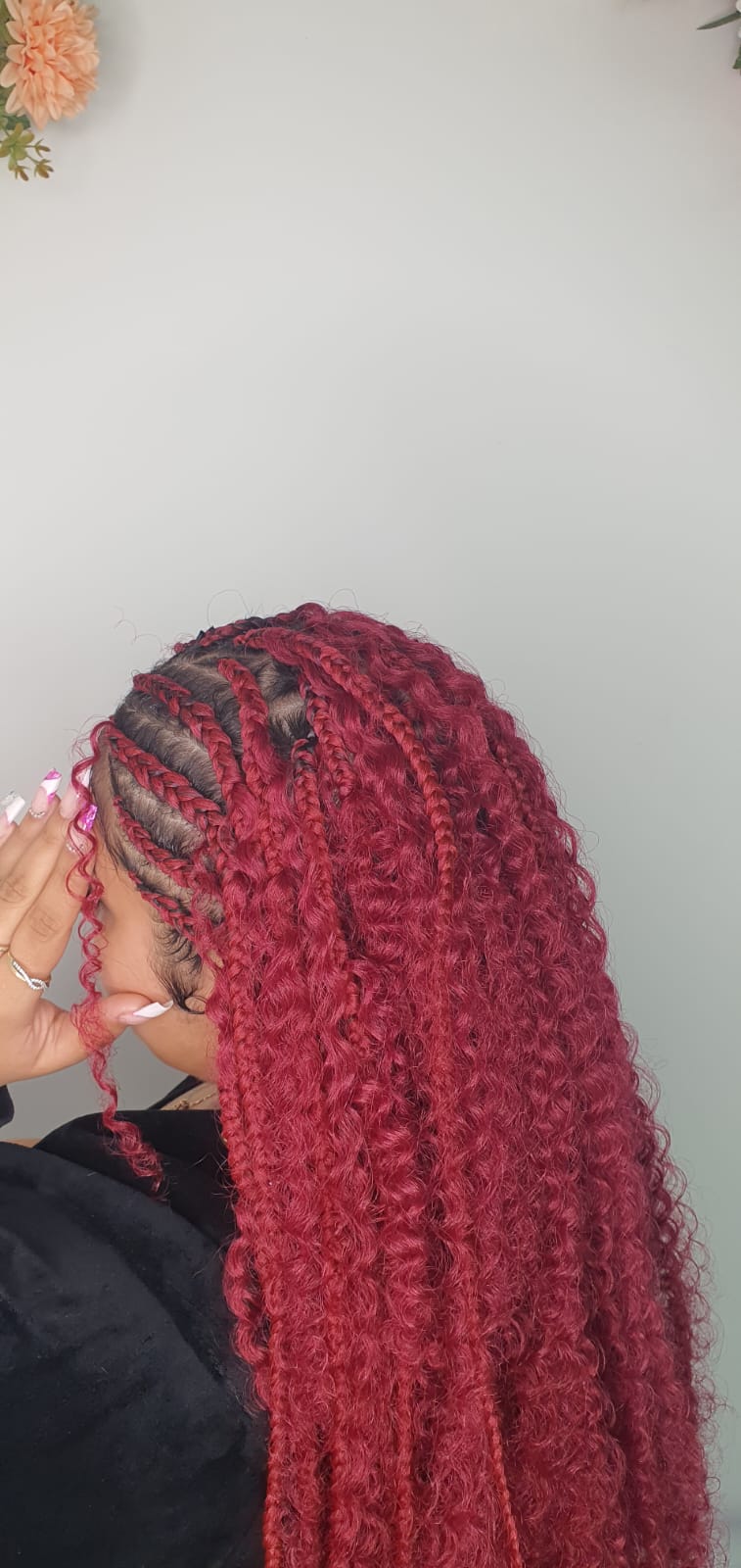 Red boho knotless braids with curls side view by Lorellin Hair & Beauty in Wolverhampton