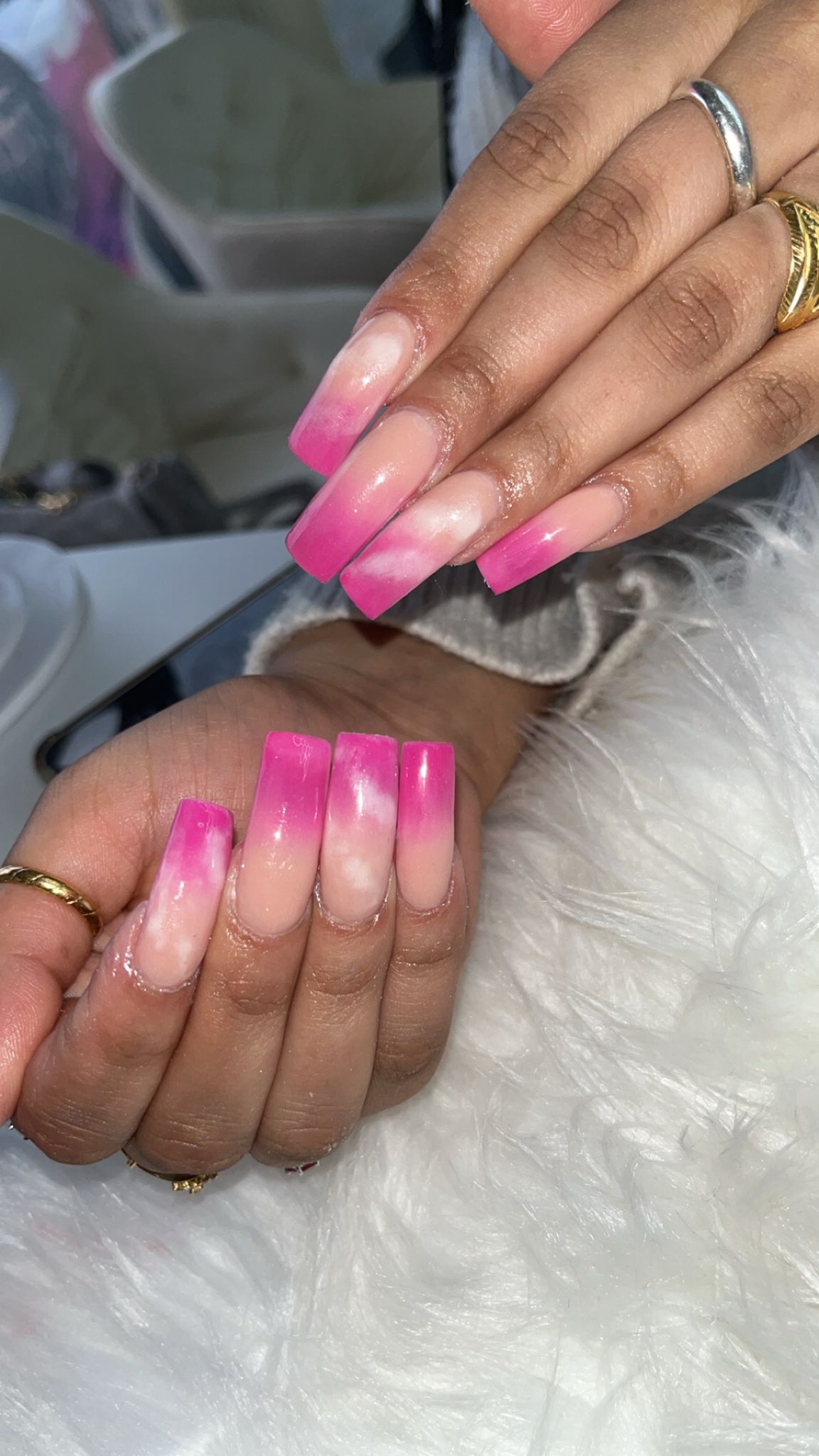 Pink ombre coffin-shaped acrylic nails with a glossy finish, showcasing a flawless manicure from Lorellin Hair & Beauty Salon in Coseley, Bilston.