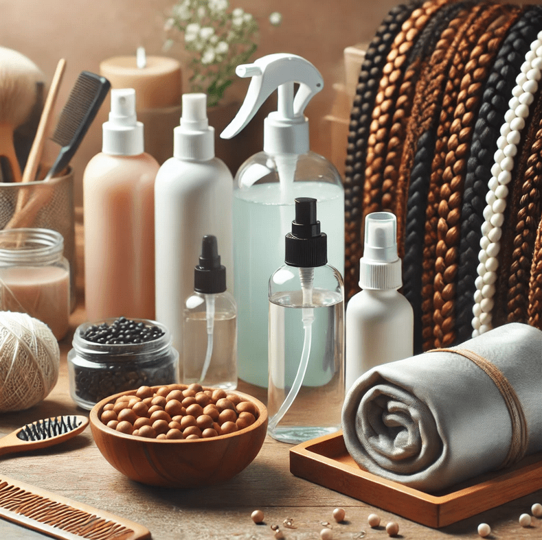 Essential braid maintenance tools, including moisturizing sprays, silk scarves, and gentle scalp cleansers, displayed on a table for proper care of box braids and knotless braids.