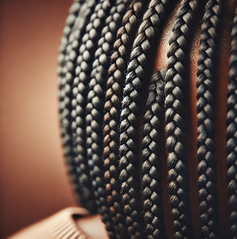 Close-up of professional box braids, featuring neat, medium-length braids in rectangular sections, styled by Lorellin Hair & Beauty in Coseley, Bilston.