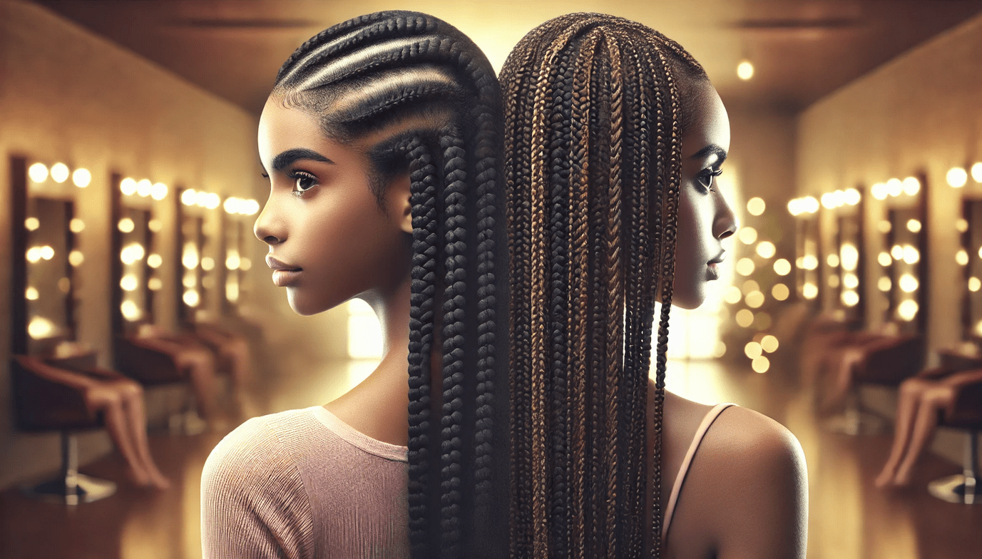Wide image comparing box braids and knotless braids side-by-side, featuring neat box braids and lightweight knotless braids on two models in a warm salon setting.