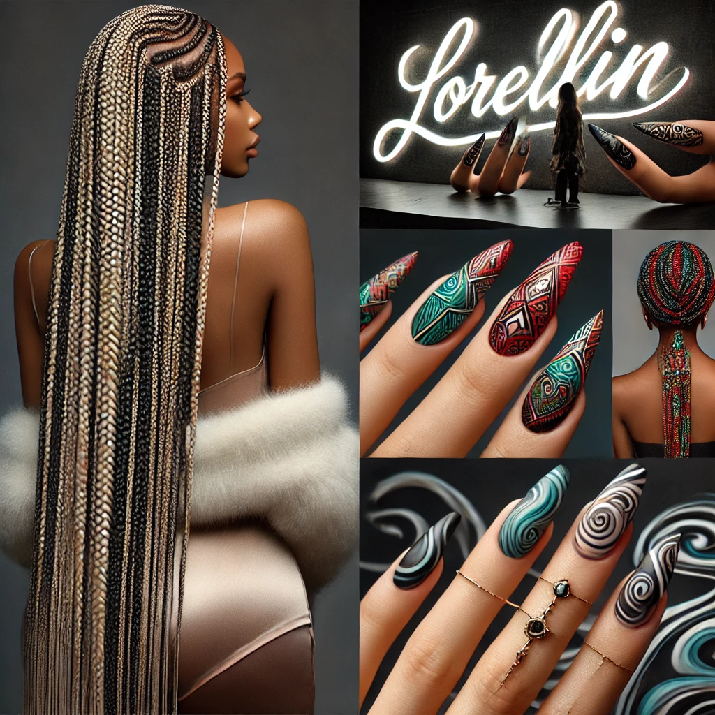 Collage of stunning hairstyles and nail art created at Lorellin Hair & Beauty Salon, featuring intricate long braids, colorful beadwork, and modern nail designs.