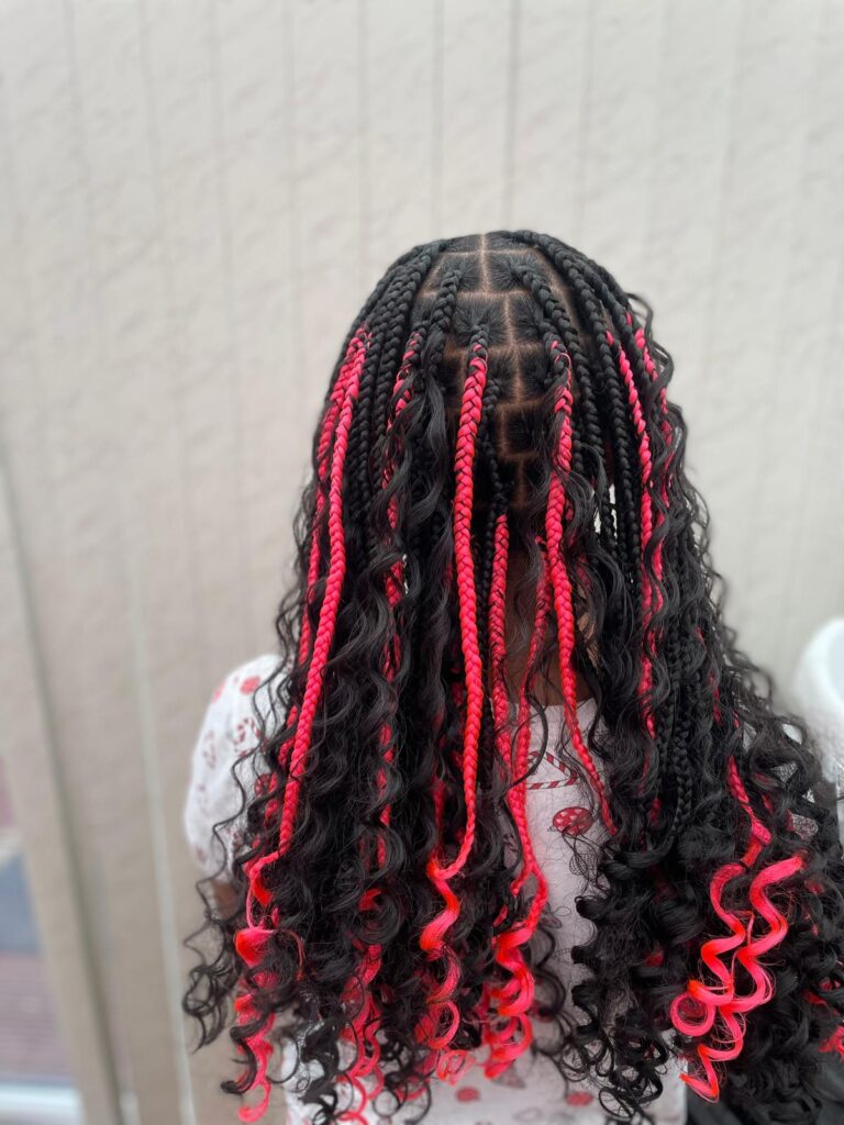 Kids boho braids with red highlights and curls by Lorellin Hair & Beauty in Wolverhampton